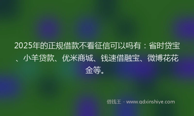 2025年的正规借款不看征信可以吗有：省时贷宝、小羊贷款、优米商城、钱速借融宝、微博花花金等。