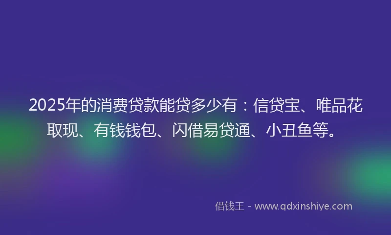 2025年的消费贷款能贷多少有：信贷宝、唯品花取现、有钱钱包、闪借易贷通、小丑鱼等。