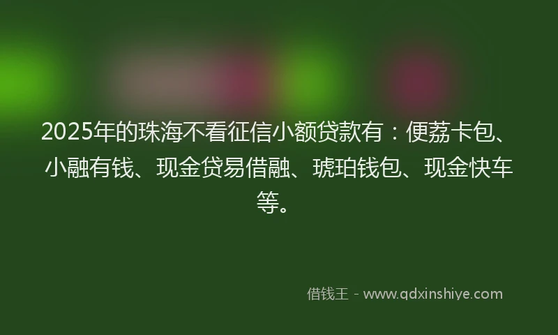 2025年的珠海不看征信小额贷款有：便荔卡包、小融有钱、现金贷易借融、琥珀钱包、现金快车等。