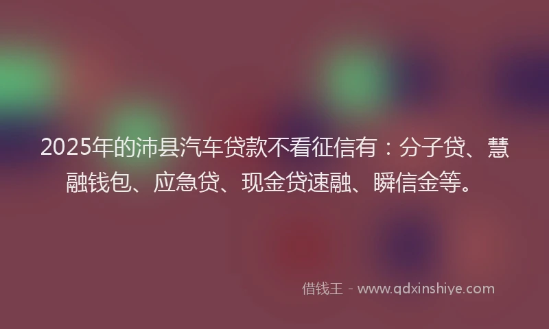 2025年的沛县汽车贷款不看征信有：分子贷、慧融钱包、应急贷、现金贷速融、瞬信金等。