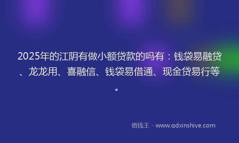 2025年的江阴有做小额贷款的吗有：钱袋易融贷、龙龙用、喜融信、钱袋易借通、现金贷易行等。