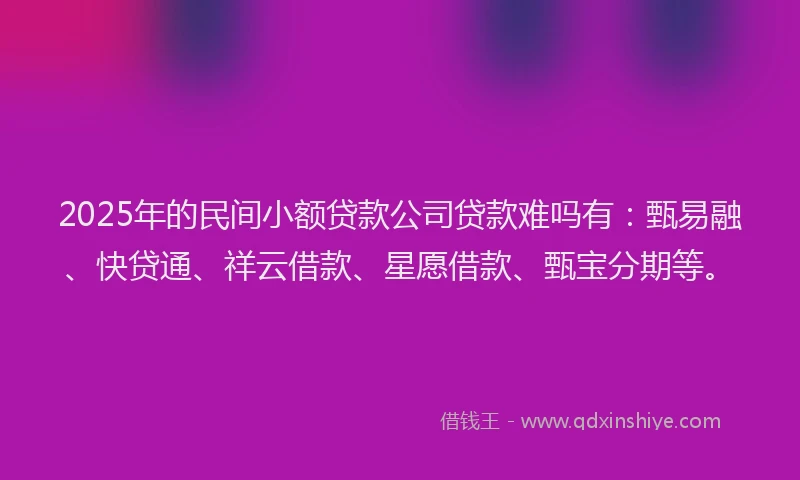 2025年的民间小额贷款公司贷款难吗有：甄易融、快贷通、祥云借款、星愿借款、甄宝分期等。