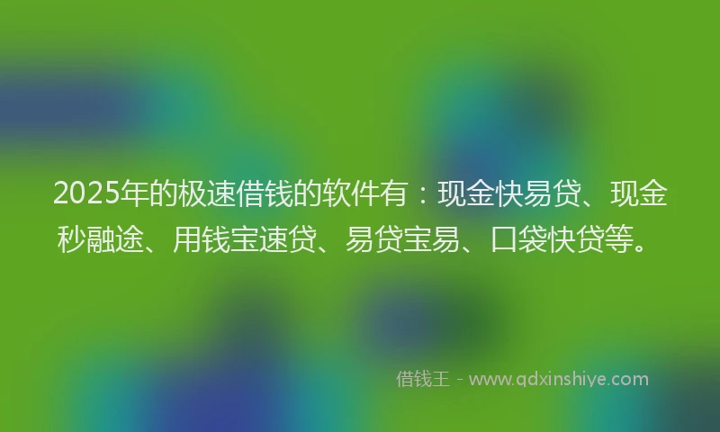2025年的极速借钱的软件有：现金快易贷、现金秒融途、用钱宝速贷、易贷宝易、口袋快贷等。