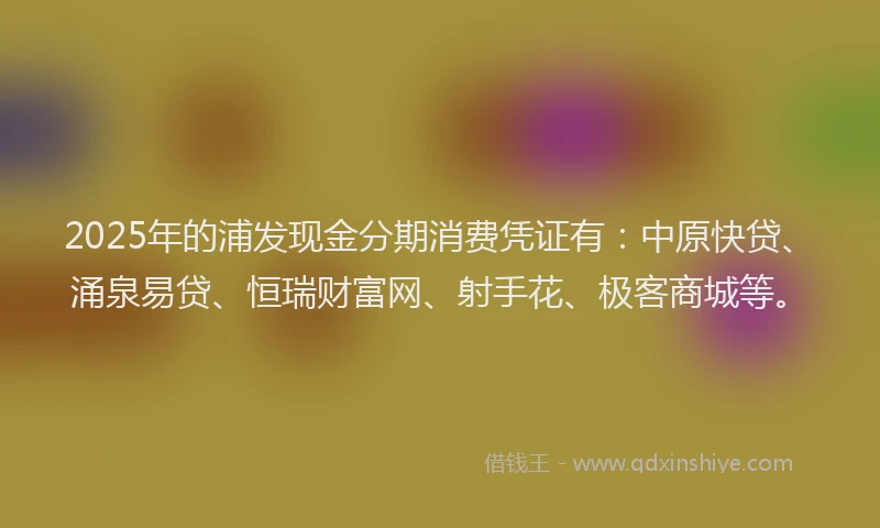 2025年的浦发现金分期消费凭证有：中原快贷、涌泉易贷、恒瑞财富网、射手花、极客商城等。