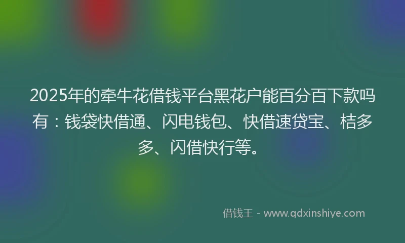 2025年的牵牛花借钱平台黑花户能百分百下款吗有：钱袋快借通、闪电钱包、快借速贷宝、桔多多、闪借快行等。