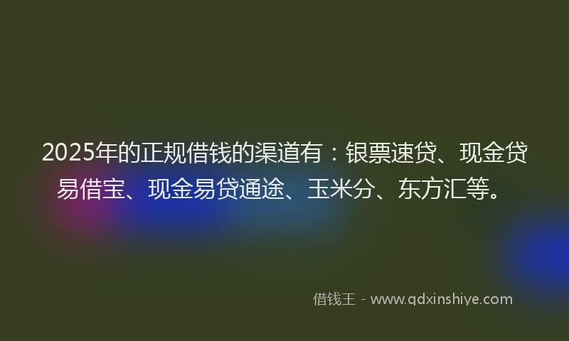 2025年的正规借钱的渠道有：银票速贷、现金贷易借宝、现金易贷通途、玉米分、东方汇等。