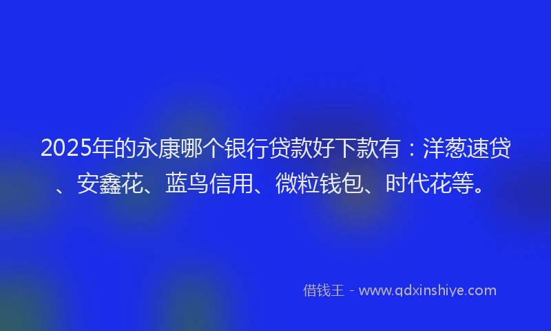 2025年的永康哪个银行贷款好下款有：洋葱速贷、安鑫花、蓝鸟信用、微粒钱包、时代花等。
