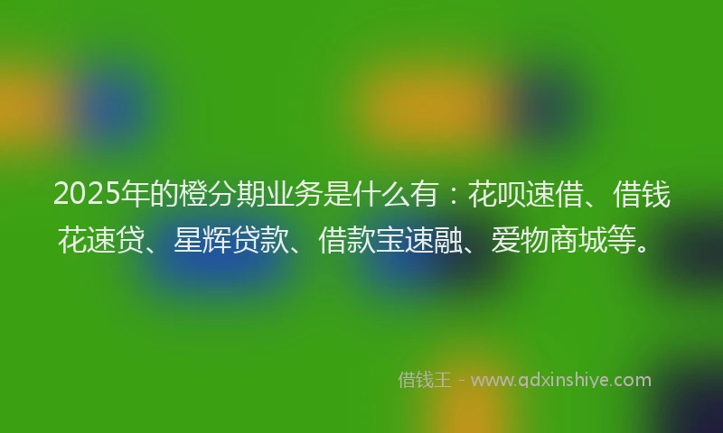 2025年的橙分期业务是什么有：花呗速借、借钱花速贷、星辉贷款、借款宝速融、爱物商城等。