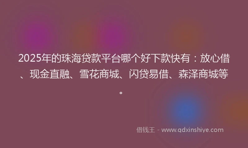 2025年的珠海贷款平台哪个好下款快有：放心借、现金直融、雪花商城、闪贷易借、森泽商城等。