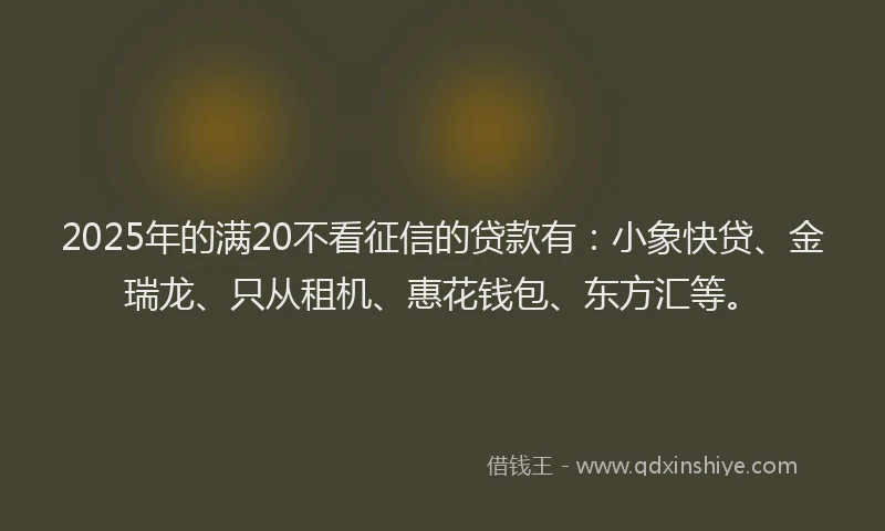 2025年的满20不看征信的贷款有：小象快贷、金瑞龙、只从租机、惠花钱包、东方汇等。