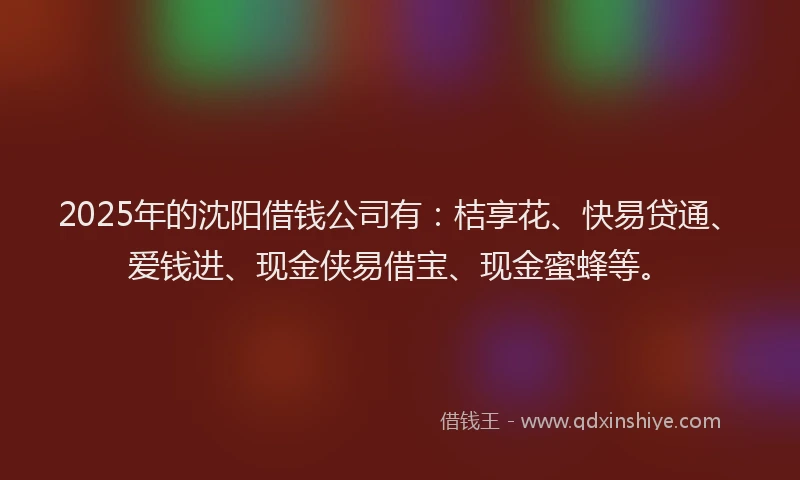 2025年的沈阳借钱公司有：桔享花、快易贷通、爱钱进、现金侠易借宝、现金蜜蜂等。
