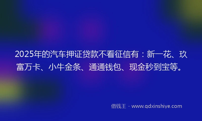 2025年的汽车押证贷款不看征信有：新一花、玖富万卡、小牛金条、通通钱包、现金秒到宝等。