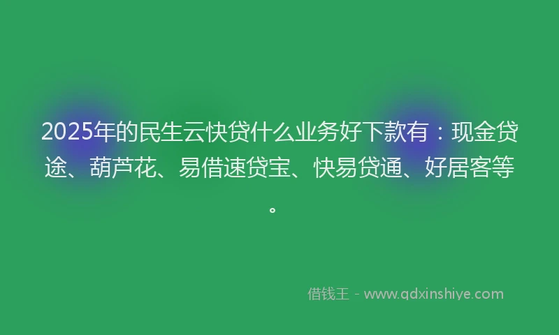 2025年的民生云快贷什么业务好下款有：现金贷途、葫芦花、易借速贷宝、快易贷通、好居客等。
