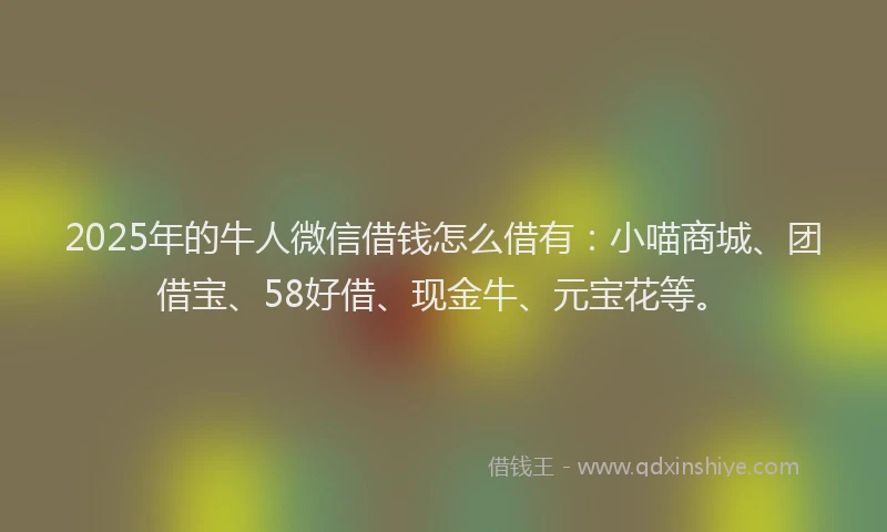 2025年的牛人微信借钱怎么借有：小喵商城、团借宝、58好借、现金牛、元宝花等。