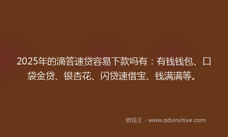 2025年的滴答速贷容易下款吗有：有钱钱包、口袋金贷、银杏花、闪贷速借宝、钱满满等。