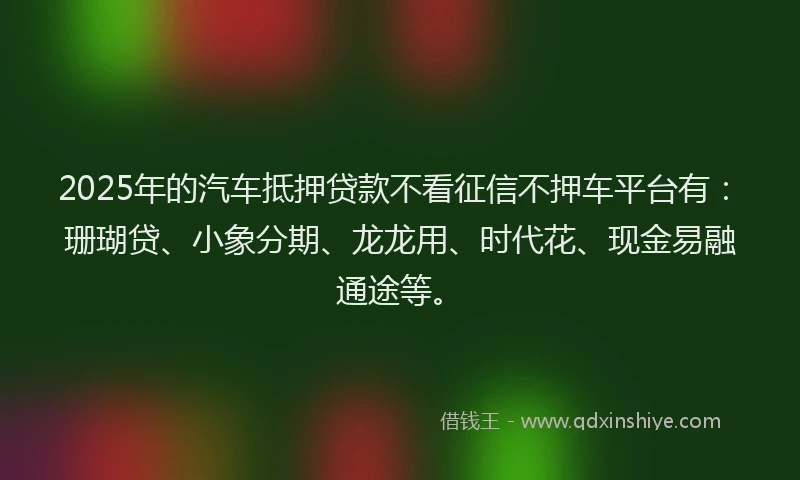 2025年的汽车抵押贷款不看征信不押车平台有：珊瑚贷、小象分期、龙龙用、时代花、现金易融通途等。