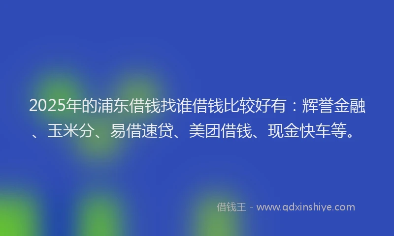 2025年的浦东借钱找谁借钱比较好有：辉誉金融、玉米分、易借速贷、美团借钱、现金快车等。