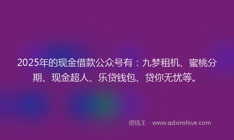 2025年的现金借款公众号有：九梦租机、蜜桃分期、现金超人、乐贷钱包、贷你无忧等。