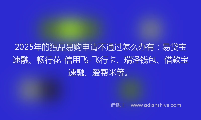 2025年的独品易购申请不通过怎么办有：易贷宝速融、畅行花-信用飞-飞行卡、瑞泽钱包、借款宝速融、爱帮米等。