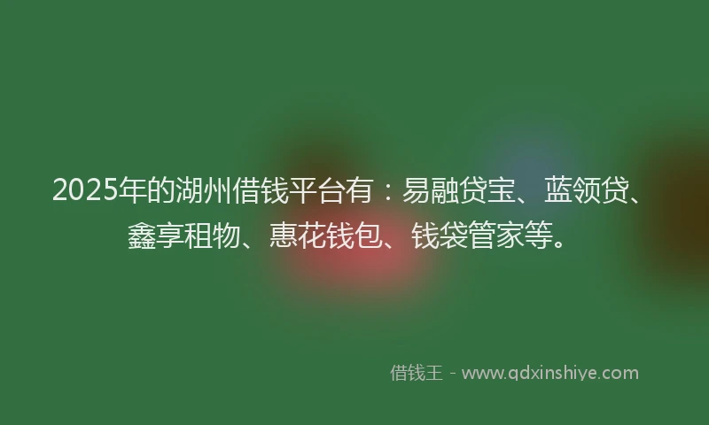 2025年的湖州借钱平台有：易融贷宝、蓝领贷、鑫享租物、惠花钱包、钱袋管家等。