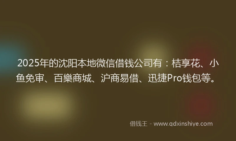 2025年的沈阳本地微信借钱公司有：桔享花、小鱼免审、百樂商城、沪商易借、迅捷Pro钱包等。