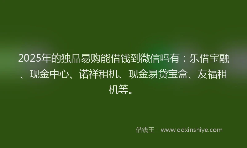 2025年的独品易购能借钱到微信吗有：乐借宝融、现金中心、诺祥租机、现金易贷宝盒、友福租机等。