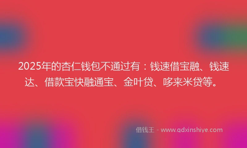 2025年的杏仁钱包不通过有：钱速借宝融、钱速达、借款宝快融通宝、金叶贷、哆来米贷等。