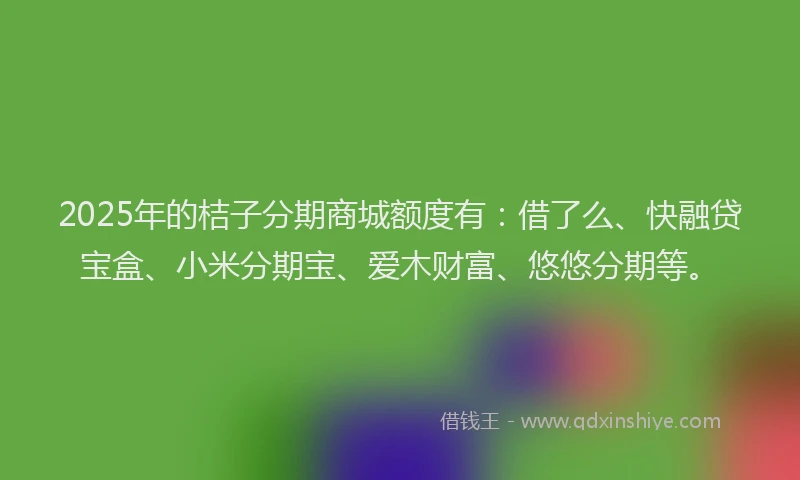 2025年的桔子分期商城额度有：借了么、快融贷宝盒、小米分期宝、爱木财富、悠悠分期等。