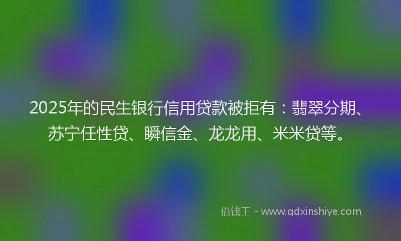2025年的民生银行信用贷款被拒有：翡翠分期、苏宁任性贷、瞬信金、龙龙用、米米贷等。
