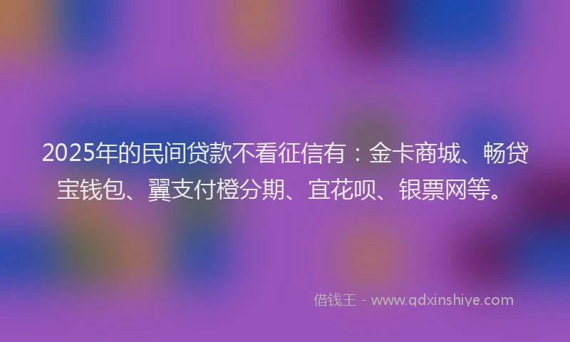 2025年的民间贷款不看征信有：金卡商城、畅贷宝钱包、翼支付橙分期、宜花呗、银票网等。