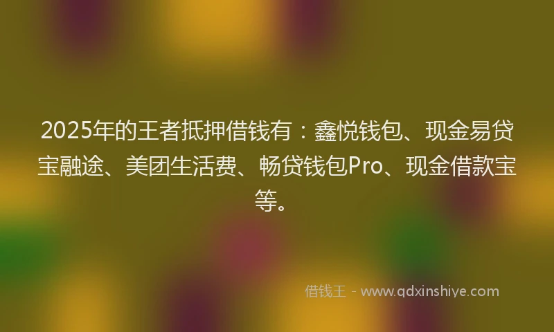 2025年的王者抵押借钱有：鑫悦钱包、现金易贷宝融途、美团生活费、畅贷钱包Pro、现金借款宝等。