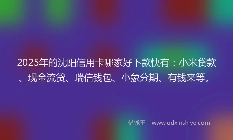 2025年的沈阳信用卡哪家好下款快有：小米贷款、现金流贷、瑞信钱包、小象分期、有钱来等。