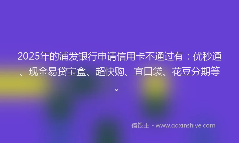 2025年的浦发银行申请信用卡不通过有：优秒通、现金易贷宝盒、超快购、宜口袋、花豆分期等。