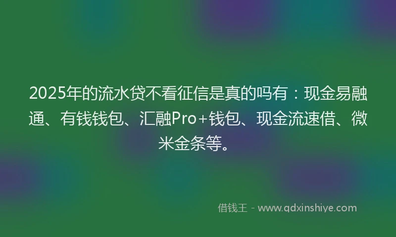 2025年的流水贷不看征信是真的吗有：现金易融通、有钱钱包、汇融Pro+钱包、现金流速借、微米金条等。