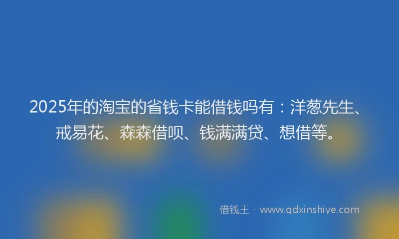 2025年的淘宝的省钱卡能借钱吗有：洋葱先生、戒易花、森森借呗、钱满满贷、想借等。