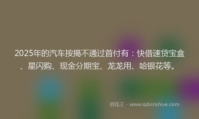2025年的汽车按揭不通过首付有：快借速贷宝盒、星闪购、现金分期宝、龙龙用、哈银花等。