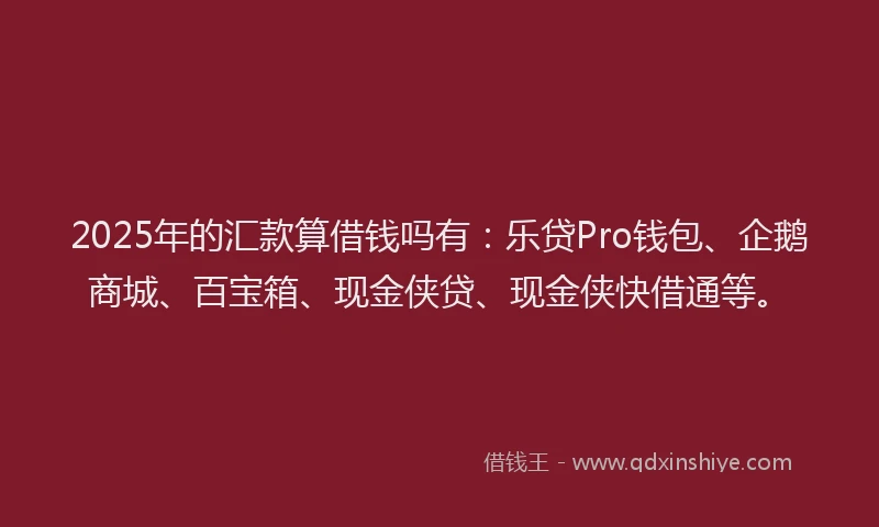 2025年的汇款算借钱吗有：乐贷Pro钱包、企鹅商城、百宝箱、现金侠贷、现金侠快借通等。
