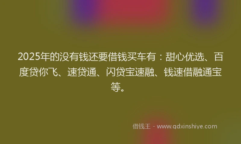 2025年的没有钱还要借钱买车有：甜心优选、百度贷你飞、速贷通、闪贷宝速融、钱速借融通宝等。