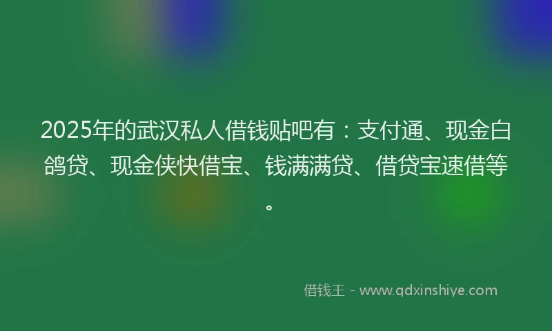 2025年的武汉私人借钱贴吧有：支付通、现金白鸽贷、现金侠快借宝、钱满满贷、借贷宝速借等。
