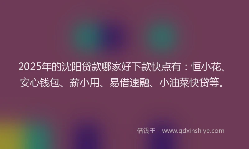 2025年的沈阳贷款哪家好下款快点有：恒小花、安心钱包、薪小用、易借速融、小油菜快贷等。