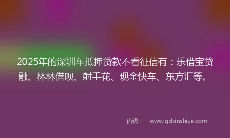 2025年的深圳车抵押贷款不看征信有：乐借宝贷融、林林借呗、射手花、现金快车、东方汇等。