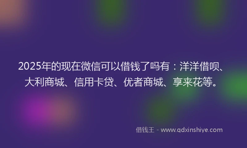 2025年的现在微信可以借钱了吗有：洋洋借呗、大利商城、信用卡贷、优者商城、享来花等。