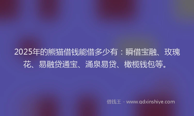 2025年的熊猫借钱能借多少有：瞬借宝融、玫瑰花、易融贷通宝、涌泉易贷、橄榄钱包等。