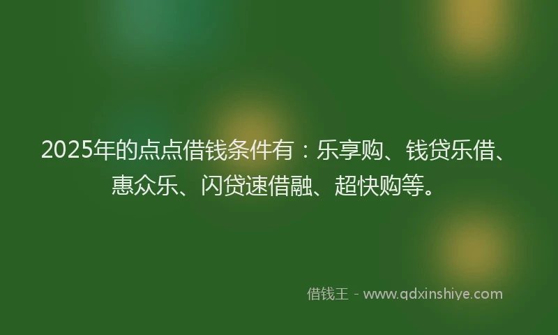 2025年的点点借钱条件有：乐享购、钱贷乐借、惠众乐、闪贷速借融、超快购等。