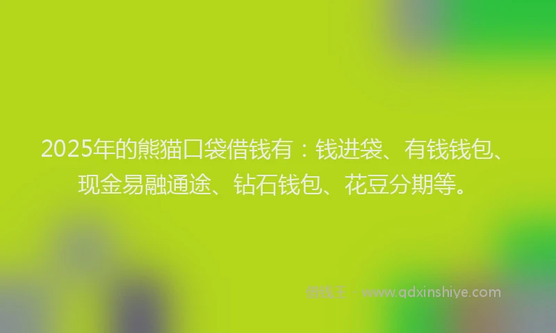 2025年的熊猫口袋借钱有：钱进袋、有钱钱包、现金易融通途、钻石钱包、花豆分期等。