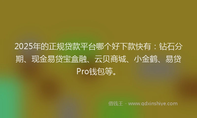 2025年的正规贷款平台哪个好下款快有：钻石分期、现金易贷宝盒融、云贝商城、小金鹤、易贷Pro钱包等。