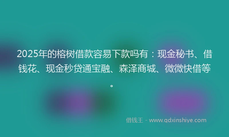 2025年的榕树借款容易下款吗有：现金秘书、借钱花、现金秒贷通宝融、森泽商城、微微快借等。