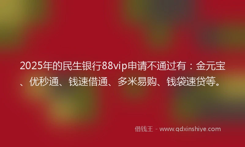 2025年的民生银行88vip申请不通过有：金元宝、优秒通、钱速借通、多米易购、钱袋速贷等。
