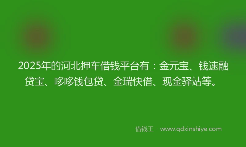 2025年的河北押车借钱平台有：金元宝、钱速融贷宝、哆哆钱包贷、金瑞快借、现金驿站等。