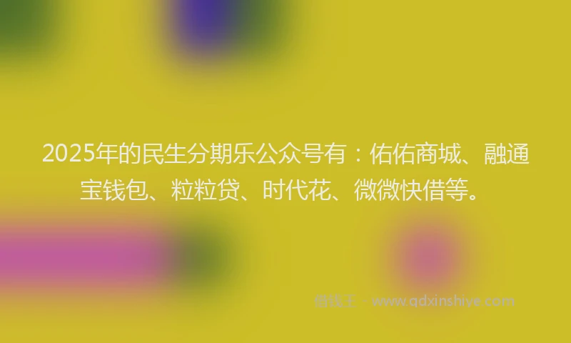 2025年的民生分期乐公众号有：佑佑商城、融通宝钱包、粒粒贷、时代花、微微快借等。